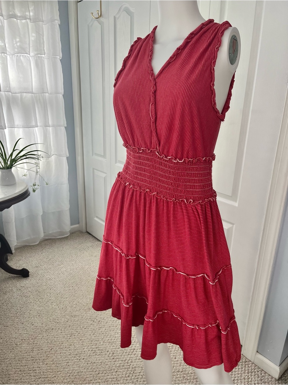 Max Studio Mini Dress Womens Red Striped Sleeveless Smocked Waist Ruffle Hem M